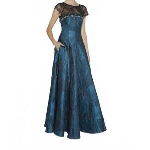 NEW TALBOT RUNHOF floral jacquard lace-inset gown dress in galapagos
